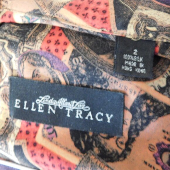 VINTAGE LINDA ALLARD ELLEN TRACY SILK BLOUSE MONETARY PRINT SIZE 2 PLUS SIZE - Picture 6 of 7
